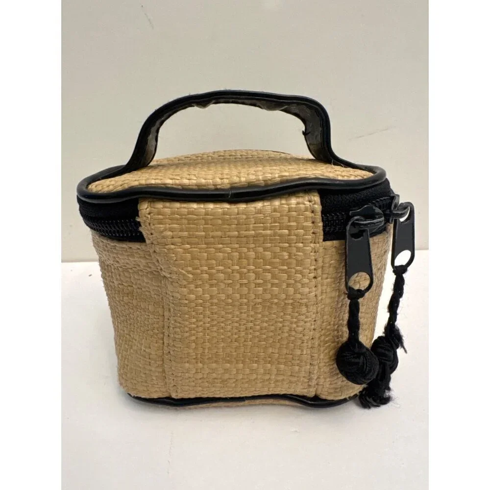 Stephanie Johnson Woven Cosmetic Bag With Black Trim & Handles 5”x3”x3” VGUC